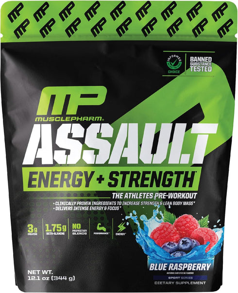 Muscle Pharm Assault Pre Workout Powder for Men & Women - Energy & Strength with Beta Alanine, 30 Servings, Blue