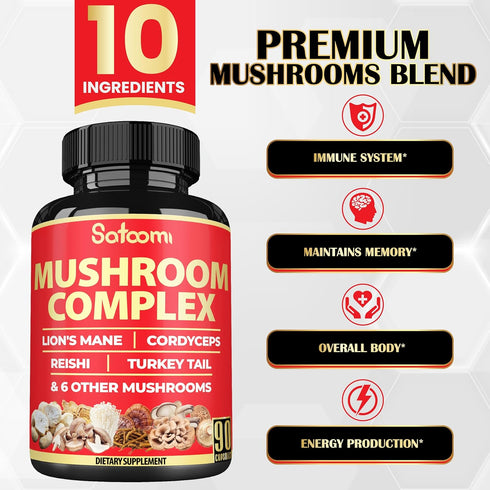 Satoomi 90 Capsules - 10in1 Turkey Tail Supplement with Lions Mane, Reishi Mushroom & Others for 90 Days
