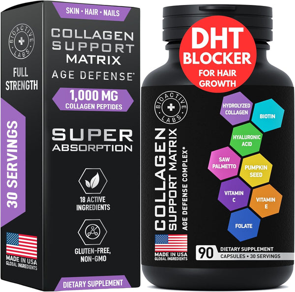 Age Defense Beauty Collagen Matrix, 2,000mg Multi Collagen Biotin Keratin Supplement, DHT Blocker for Hair Growth, 90