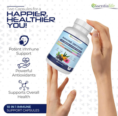 10 in 1 Immune Support Supplement, Elderberry, Echinacea, Vitamin D, C & Zinc, 60 Capsules