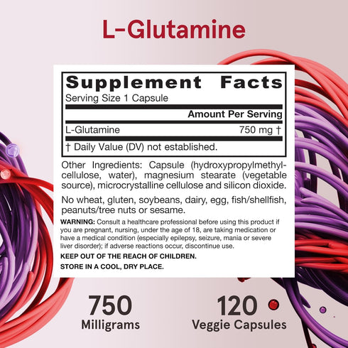 Jarrow Formulas L-Glutamine 750 mg, 120 Veggie Capsules for Immune and Muscle Support