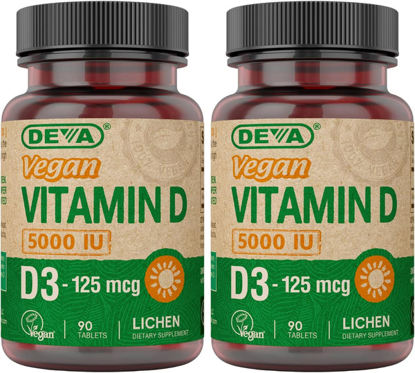 DEVA Sunshine Vitamin D3 5000 IU, 125 mcg Vegan D3, 90-Count Bottle (Pack of 2)