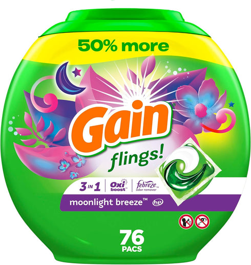 Gain flings Laundry Detergent Soap Pacs, Moonlight Breeze Scent, HE Compatible, 76 Count