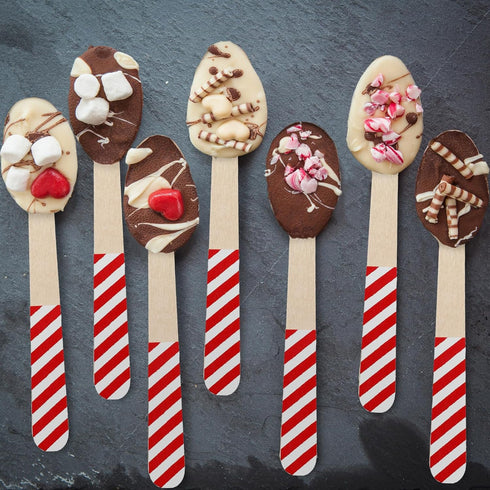 100 Pieces Christmas Disposable Wooden Spoons, 5.5'' Red White Stripe Pattern for Hot Chocolate, Cake, Ice Cream