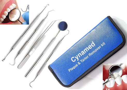 Dental Hygiene Set of 5 - Stainless Steel Tarter Scraper, Toothpick, Mouth Mirror, Ideal for Personal Use