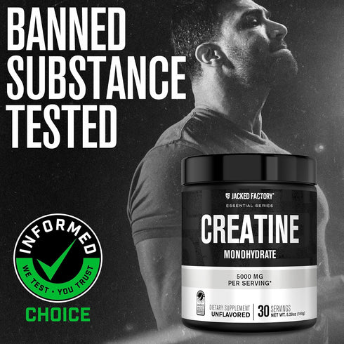 Jacked Factory Creatine Monohydrate Powder 150g - Unflavored Supplement for Muscle Growth, Strength, Energy, 30 Servings