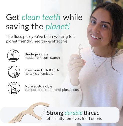 Biodegradable Floss Picks (100 pcs) - Natural, Vegan, Sustainable, Reusable Dental Floss Picks