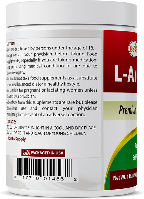 Best Naturals L-Arginine Powder 1 Pound - Pure Pharmaceutical Grade Free Form - Best Amino Acid Arginine Supplements