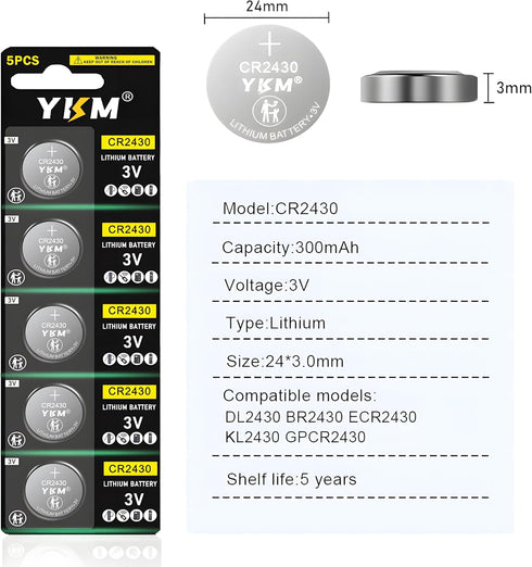 YKM 5 Pack CR2430 DL2430 2430 3V Battery CR Lithium Coin Battery for Car Alarm Remote Watch Key Fob