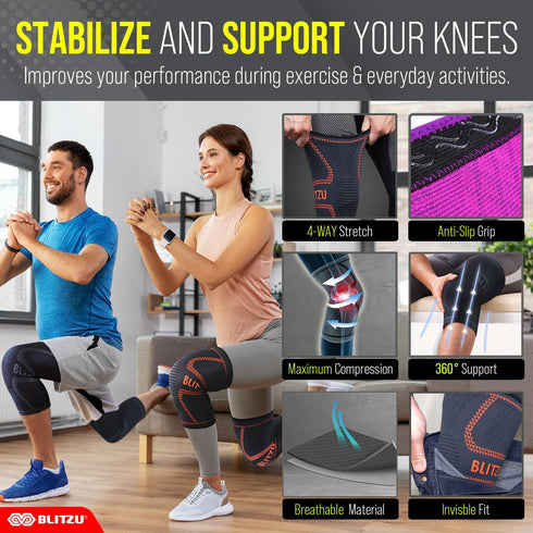 BLITZU Knee Compression Sleeve for Men & Women – Joint Pain Relief, Arthritis, ACL, Meniscus Tear Recovery (X-Large,
