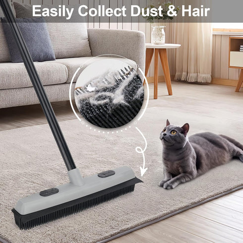 Pet Hair Removal Rubber Broom with Squeegee, 59" Telescoping Handle Carpet Rake for Pet Hair