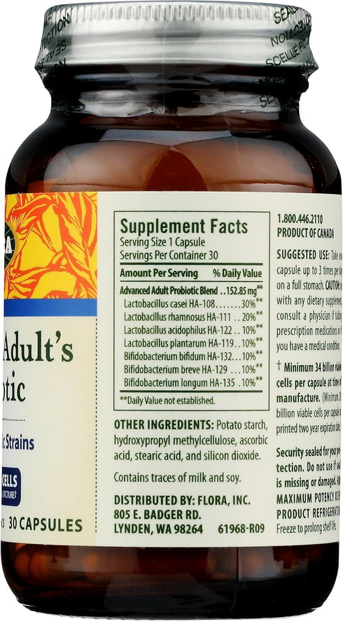 Flora Advanced Adult's Blend Probiotic - Seven Senior-Specific Strains, Gluten Free, 34 Billion Cells, 30 Capsules