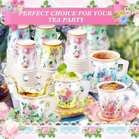 SUMMORO 160 7 OZ Pcs Floral Paper Tea Cups and Saucers Disposable Paper Tea Cups with Handle and Plates for Tea Party