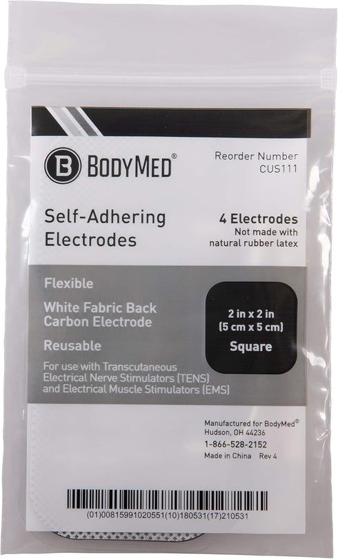 BodyMed TENS/EMS Unit, 4 Electrode Pads – Reusable Self-Adhesive 2 x 2 Inch Square Electrodes in Ten Packs
