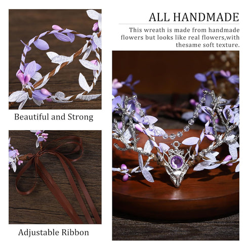 MOSTORY Handmade Purple Woodland Fairy Headpiece, Elf Crown with Rhinestone for Cosplay
