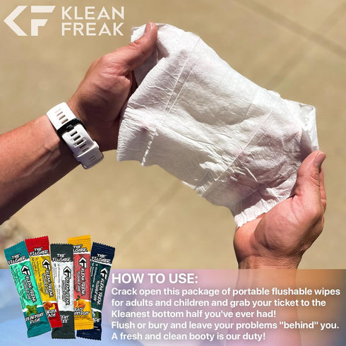 THE KLEAN FREAK FLUSHER - Flushable Wipes For Adults & Kids - 100% BIODEGRADABLE Individual Wrapped Travel WET Wipe