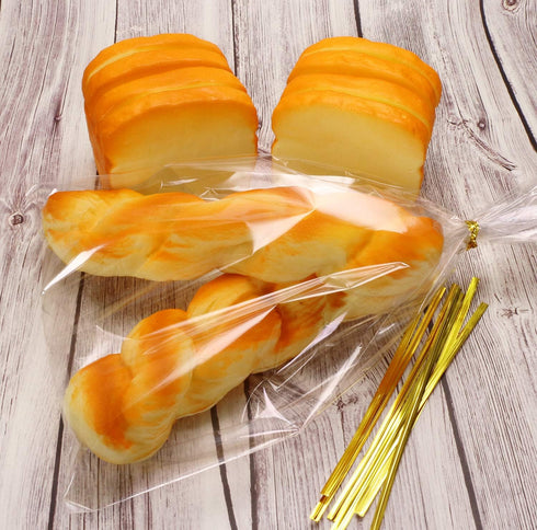 Mini Skater 8" x 12" Clear Treat Bags with 50Pcs Gold Color Twist Ties for Wedding Gift Candy Cookie Bakery, 50Pcs