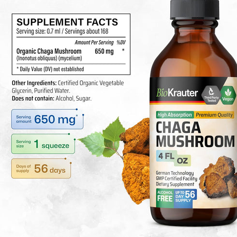 BIO KRAUTER Chaga Mushroom Extract, Tincture for Immune Support - Vegan, Alcohol & Sugar Free Drops 4 Fl.Oz.