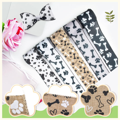 Dog Ribbon Paw Print 5 Rolls Wired Edge Ribbon 2.5 Inch 25 Yards Burlap for Crafts Party Home Wedding Gift Decor
