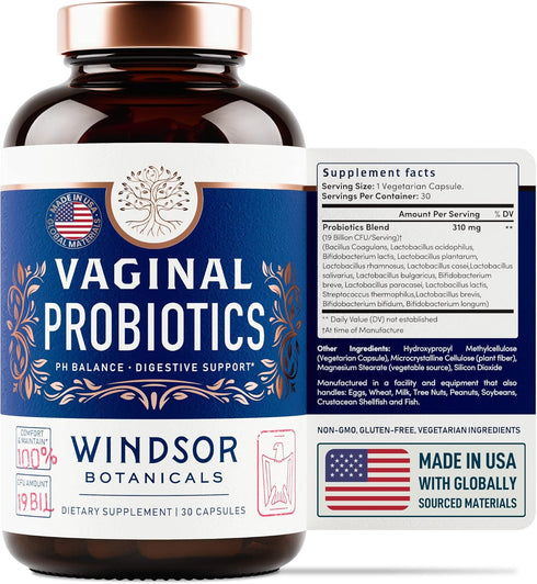Vaginal Probiotics for Women - 19 Billion CFU Lactobacillus Salivarius for PH Balance & Digestive Health - 30 Capsules