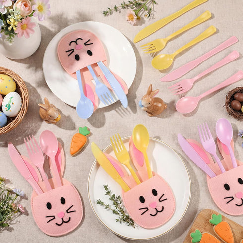 Teecyhooo 160 40 40 40 40 Pcs Pastel Plastic Silverware Rabbit Party Supplies Plastic Disposable Dinnerware with Rabbit