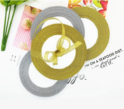 4 Roll Glitter Metallic Ribbon - Gold Silver Glitter for Gift Wrapping, Crafts, and Decorations