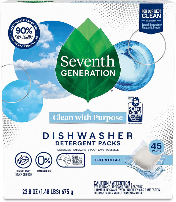 Seventh Generation Dishwasher Detergent Packs, Free & Clear, 45 Count for Sparkling Dishes, Dishwasher Tabs
