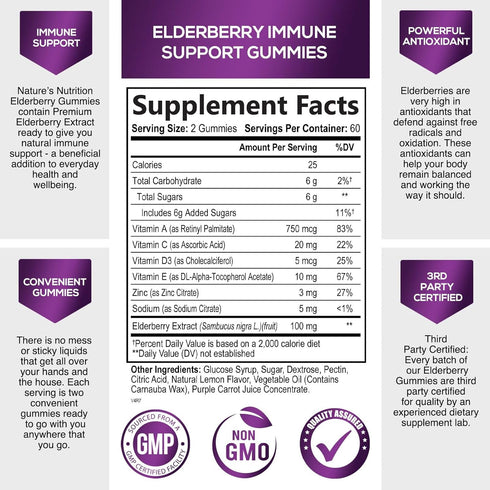 Sambucus Elderberry Immune Gummies, Daily Immune Support with Vitamin C, Vitamin D3, Zinc, Immune Support Gummy Vitamin Supplement, Black Elderberry for Adults, Kid, Gluten Free Non-GMO - 120 Gummies