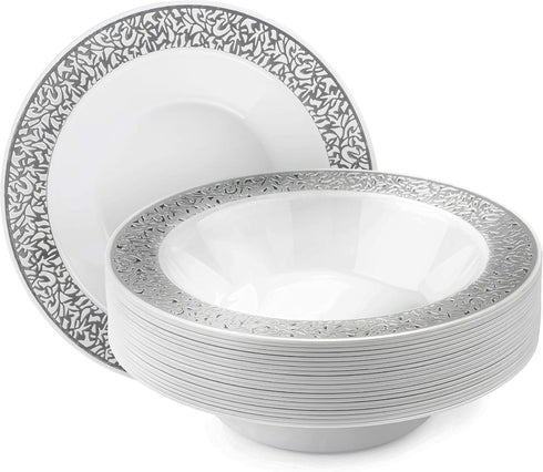 MATANA 20 pc Premium Plastic Party Bowls with Silver Lace Rim, 7" Inch/12oz, Heavy Duty, Reusable for Parties