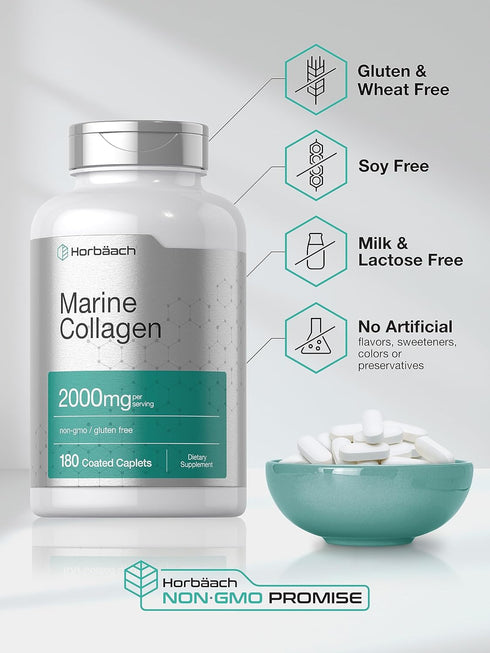 Horbaeach Marine Collagen Peptides 2000mg - 180 Caplet Capsules with Calcium, Non-GMO, Gluten Free Supplement