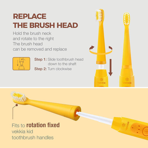 Vekkia Bear Kids Electric Toothbrush Replacement Heads, 7X More Plaque Removal, Soft Bristles, 4 Pack, Yellow