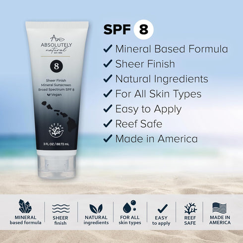 SPF 8 Mineral Sunscreen - Water Resistant Moisturizing Lotion for Body & Face, Non-Nano Zinc Oxide, 3 Oz