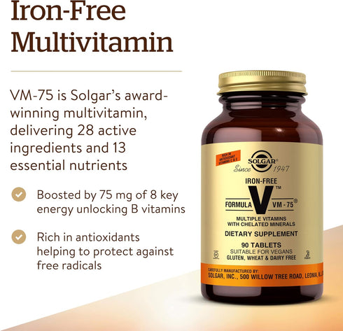 Solgar VM-75 Iron-Free Formula, 90 Tablets - Multivitamin with Chelated Minerals, Vegan, Gluten & Dairy Free