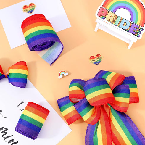 Whaline 2 Rolls Rainbow Stripe Wired Ribbon, 2.5 Inch, Colorful LGBTQ Pride Fabric for Crafts and Gift Wrapping