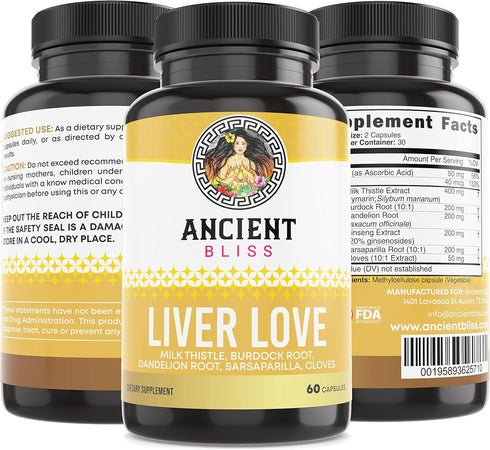 Ancient Bliss Liver Love - 60 Capsules, Natural Milk Thistle Liver Detox and Health Cleanse Supplement