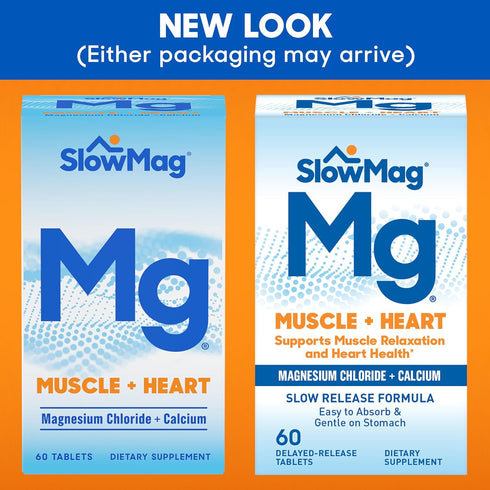 SlowMag Muscle + Heart Magnesium Chloride with Calcium Supplement - Supports Muscle Relaxation and Heart Health, 60
