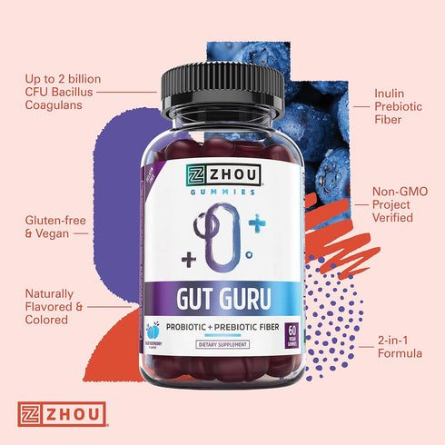 Zhou Nutrition Gut Guru - 60 Count, 2 in 1 Probiotic and Prebiotic Gummies for Digestive Health, Vegan, Gluten Free