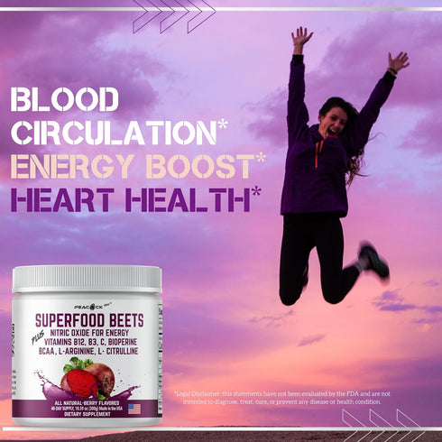 Superfood Beet Powder - Nitric Oxide, Green Tea, BCAA, L-Arginine, L-Citrulline for Heart Health Support, Non-GMO Berry