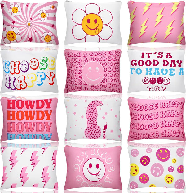 Kajaia 12 Pcs Preppy Makeup Bag with Zipper - Pink Smile Face Cosmetic Bag for Women