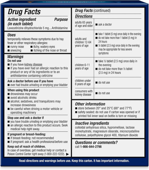 Xyzal 24 Hour Allergy Relief Medicine, Levocetirizine Dihydrochloride Tablets, 35 Count