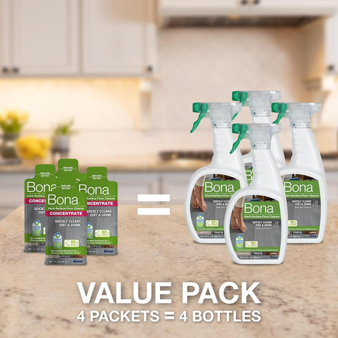 Bona Multi-Surface Floor Cleaner Concentrate, Unscented, 1 fl oz, Pack of 4 for Stone, Tile, Laminate Floors