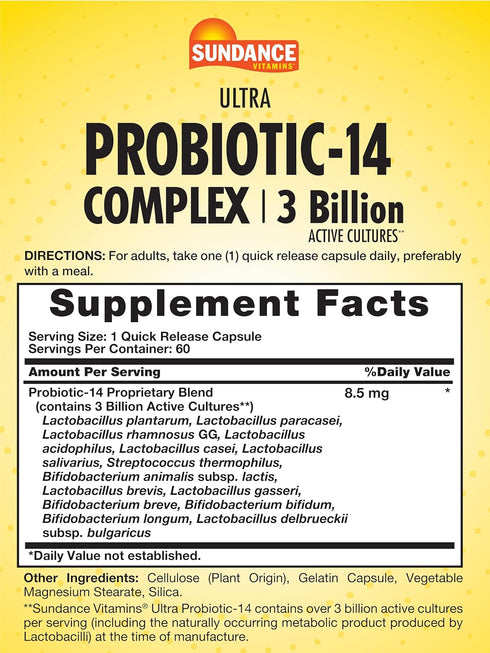 Sundance Probiotic-14 Complex | 3 Billion Active Cultures | 60 Capsules | Non-GMO and Gluten Free Supplement