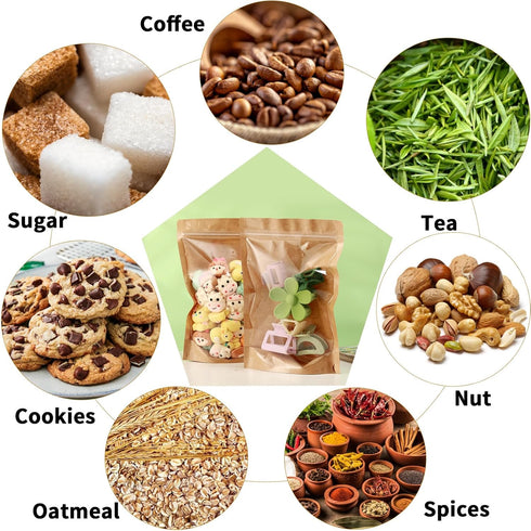 300-Pack Kraft Paper Bags with Clear Window 5" x 8", Resealable Smell Proof Zip Lock Pouch for Food Storage