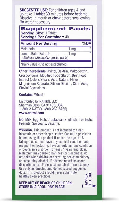 Natrol Kids Fast Dissolve Melatonin 1 mg Dietary Supplement for Restful Sleep, 40 Strawberry-Flavored Tablets, 40 Day