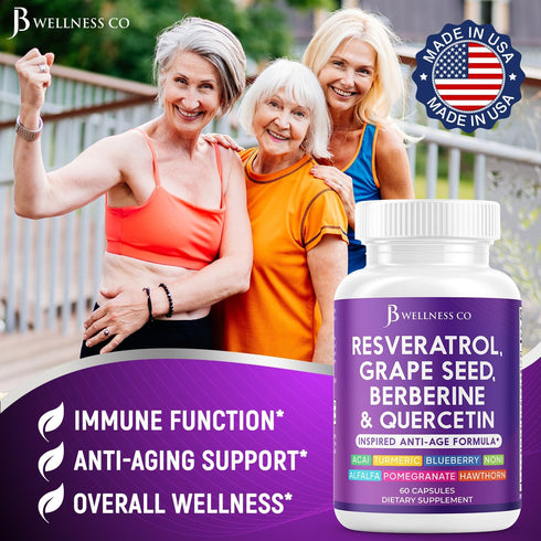 JB Wellness Co 180 JB Wellness Resveratrol, Grape Seed Extract, Berberine, Quercetin - Polyphenol Supplement for Women