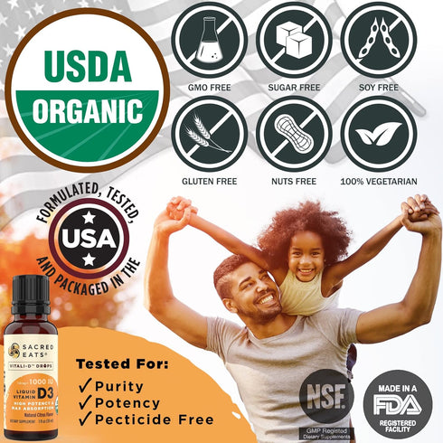 Organic Liquid Vitamin D Drops for Kids & Adults, Sugar Free, 1,000 IU/Drop in Coconut MCT Oil, Great Taste
