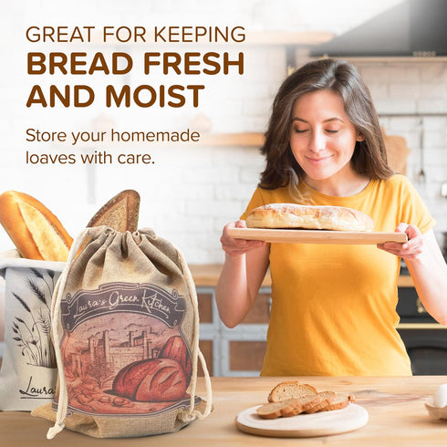 Laura's Green Kitchen Linen Bread Bag - 2 Packs Large Sourdough Bread Bags for Homemade Bread Storage, Beige