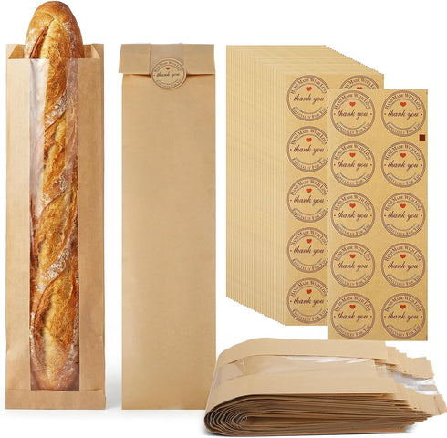 Yuanan 200 23.2"X4.3"X1.6" 300 PCS Paper Bread Bag with Window, French Bread Bags with Seal Stickers Long Paper Breads