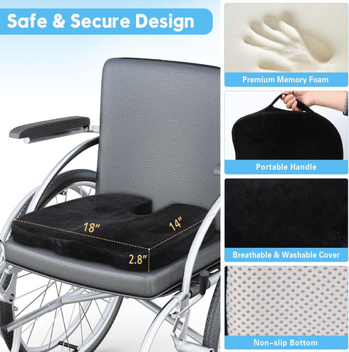 Fenshunder Tailbone 18"x14"x2.8" Wheelchair Seat Cushion with Memory Foam - Relieves Sciatica, Back & Pain, Pressure