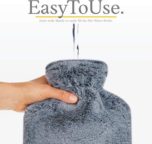 Hot Water Bottle with Soft Cover - 1.8L Large Hot Water Bag for Pain Relief, Dark Grey.